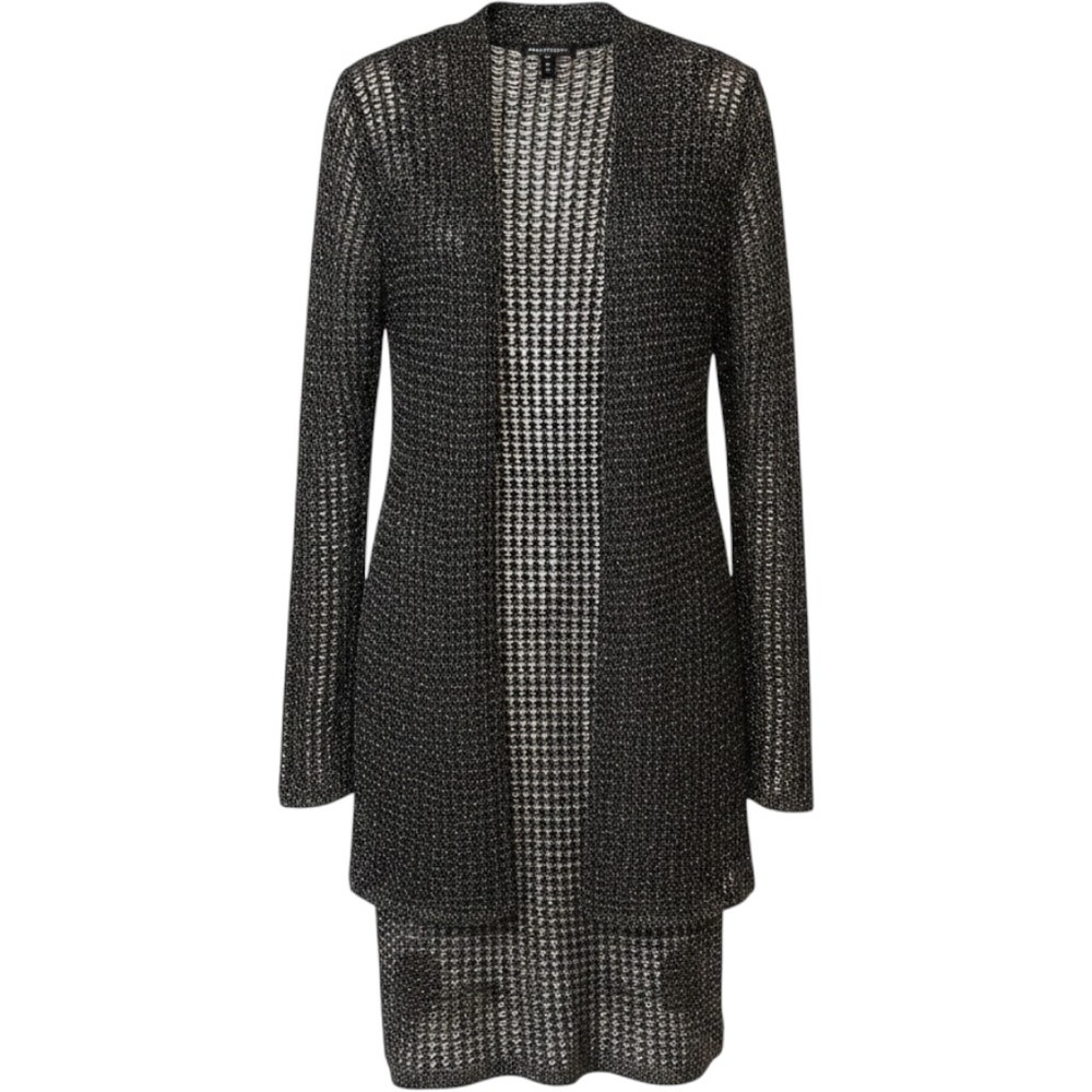 EILEEN FISHER Open Knit Black Cardigan Metallic Sparkle Mesh Sz MED Quiet Luxury